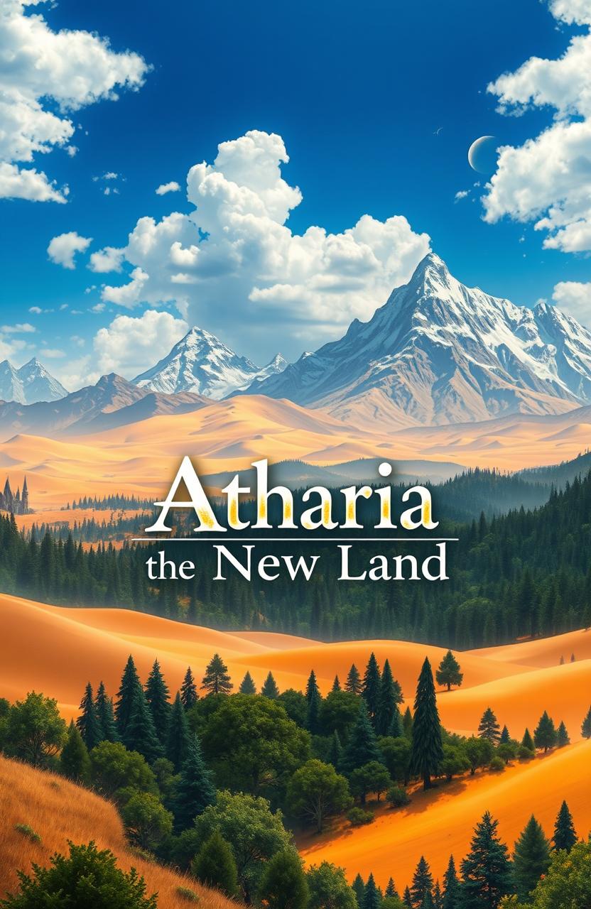 A stunning fantasy landscape depicting a fictional country inspired by Dungeons & Dragons, titled 'Atharia the New Land'