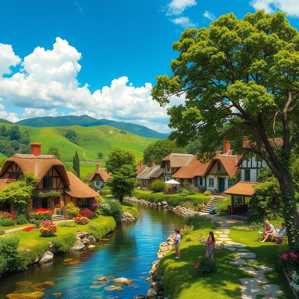A picturesque small village that embodies paradise, featuring charming cottages with thatched roofs nestled among vibrant green hills