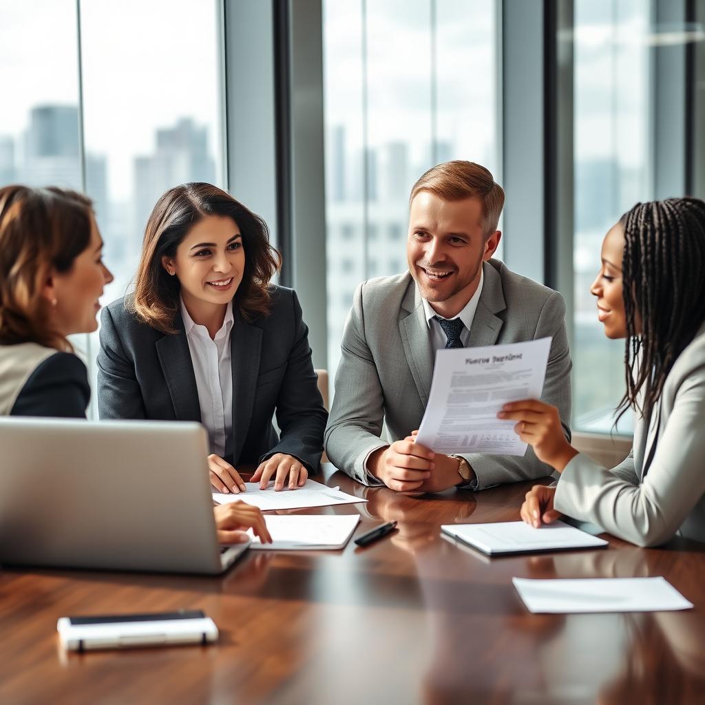 A professional business photo featuring a diverse group of three business colleagues engaged in a discussion around a conference table