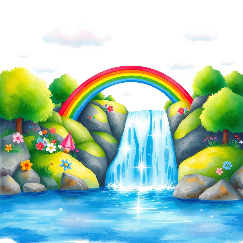 A vibrant and whimsical watercolor scene depicting a beautiful rainbow arching over a sparkling waterfall