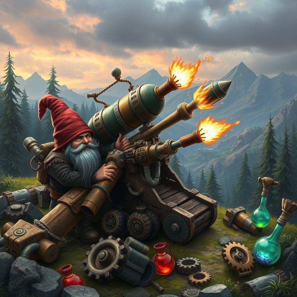An action-packed scene showcasing a group of gnomes engaged in tactical battle, operating intricate RPG-style artillery