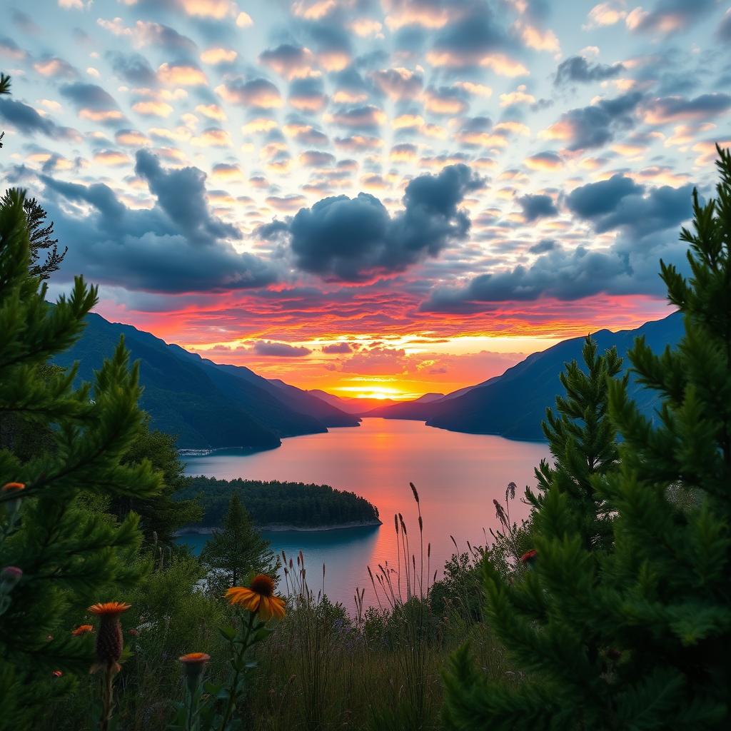 A beautifully edited landscape photograph featuring a serene sunset over a tranquil lake, with vibrant colors reflecting off the water