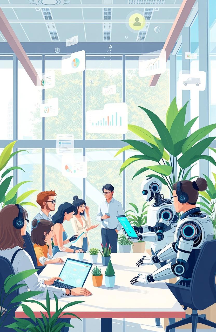 An illustration of a futuristic office environment where human intelligence and AI work seamlessly as partners to create Intelligent Business Agility