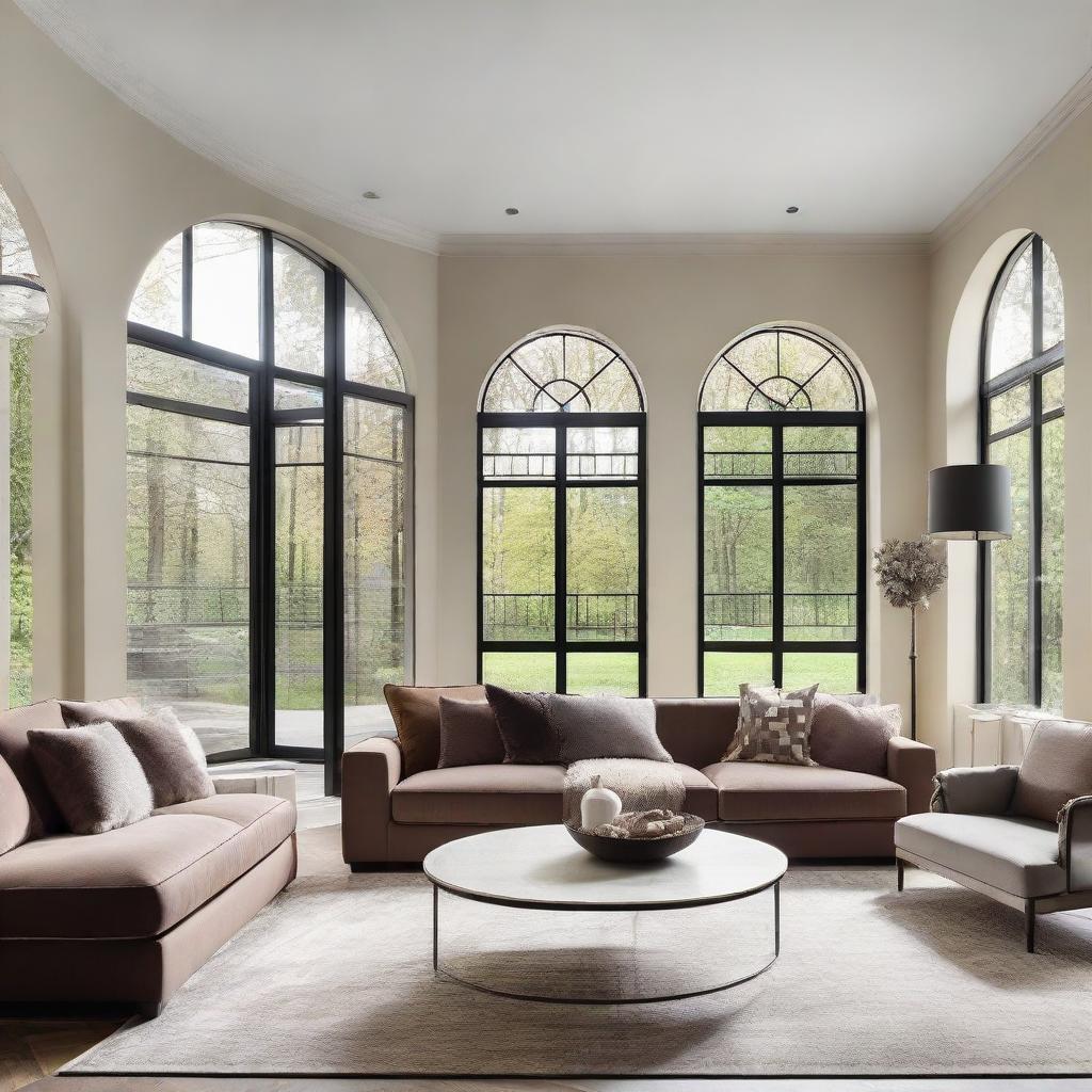 Modern living room with two large arch windows on the side, a grand glass sliding door behind a plush couch. A stylish coffee table is in front and a long elegant table is nestled near the window