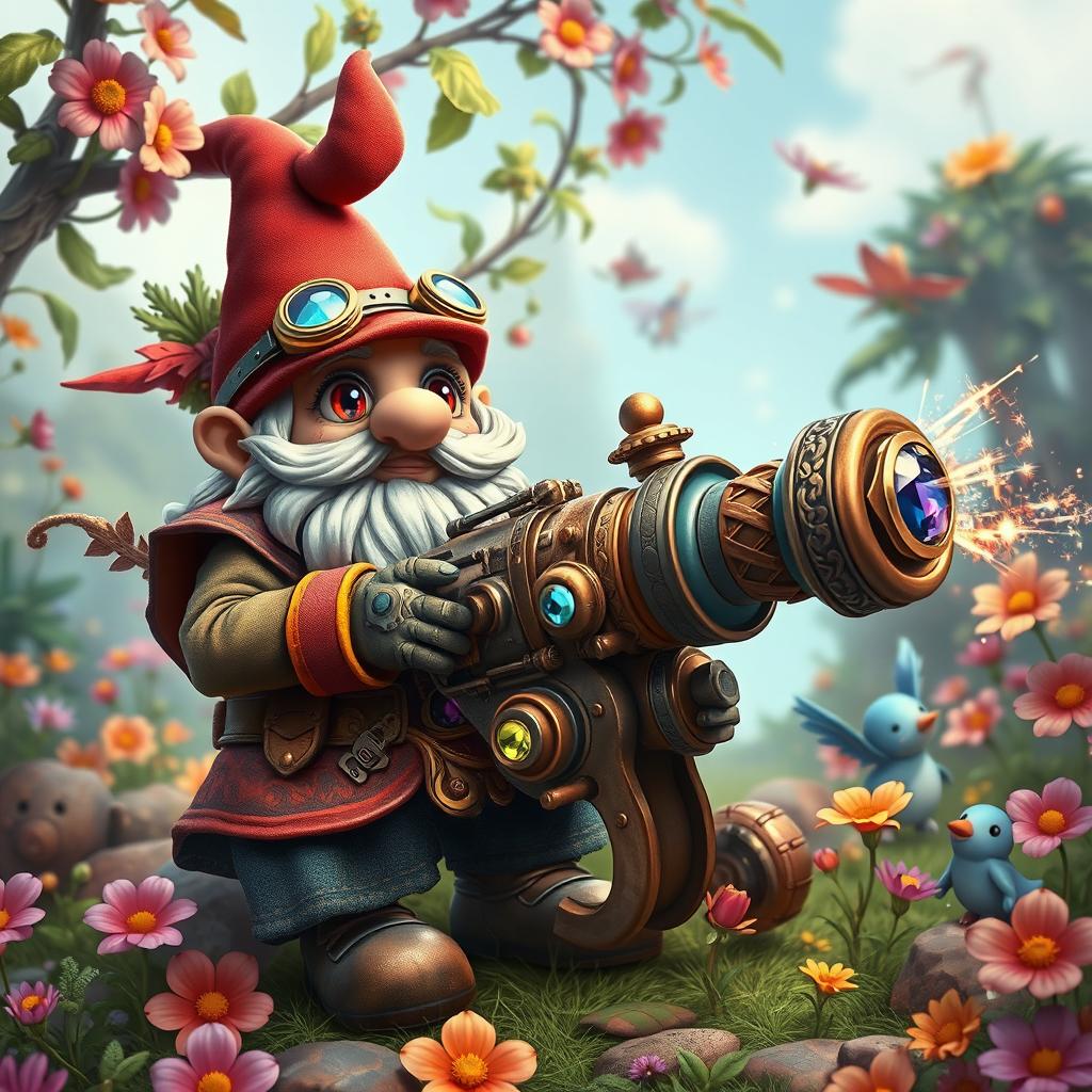 A lively and imaginative scene featuring a gnome artilleur in a vibrant fantasy setting