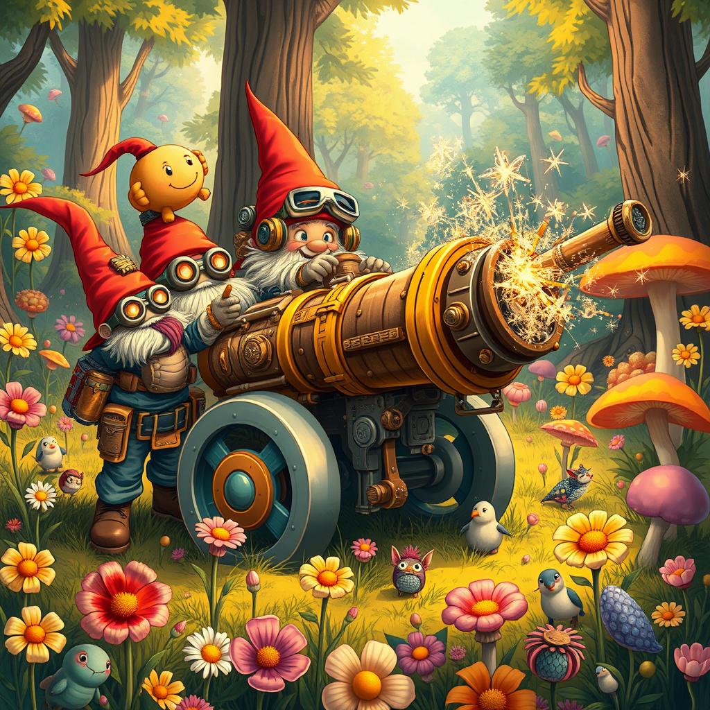 A whimsical illustration of gnomes operating fantastical artillery in a vibrant fantasy landscape