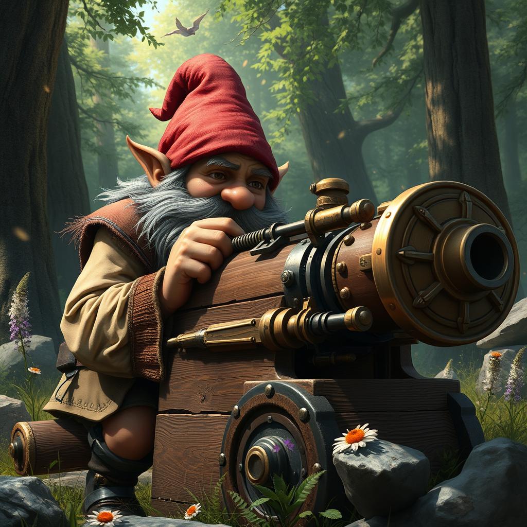 A highly realistic depiction of a gnome operating a vintage artillery piece in a detailed fantasy landscape