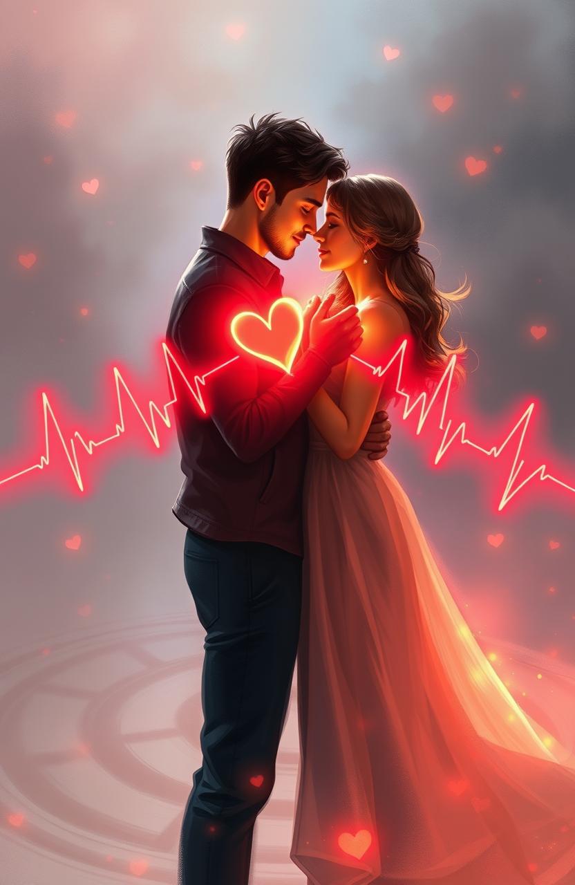 A stunning digital painting depicting a couple with their heartbeats visually represented as vibrant, glowing waves emanating from each person, illustrating a strong emotional connection despite physical distance