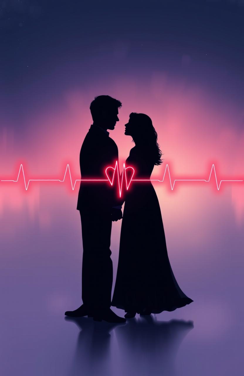 A beautiful digital painting illustrating shadow art of a couple, visually separated yet connected by a visible heartbeat line that stretches between them, symbolizing emotional distance