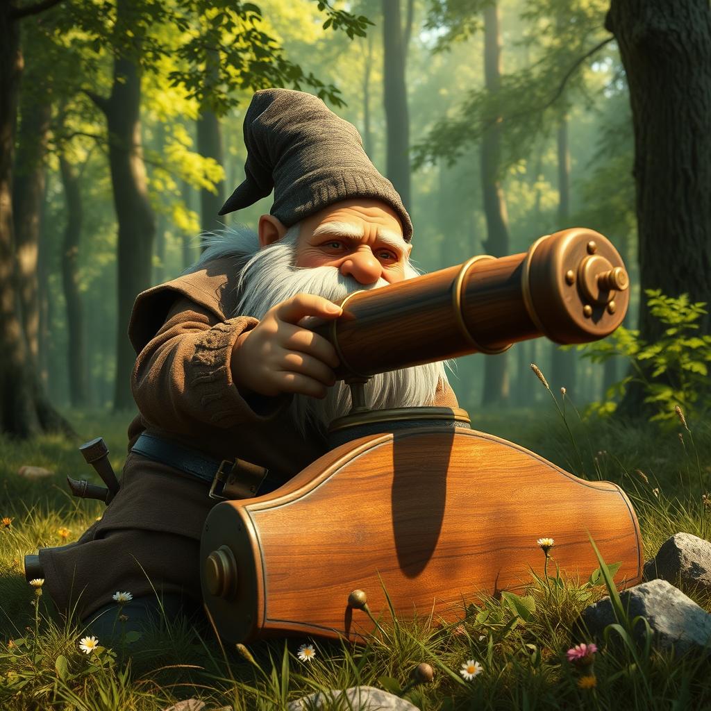 A detailed and realistic portrayal of a gnome operating a classic artillery cannon in a serene fantasy landscape