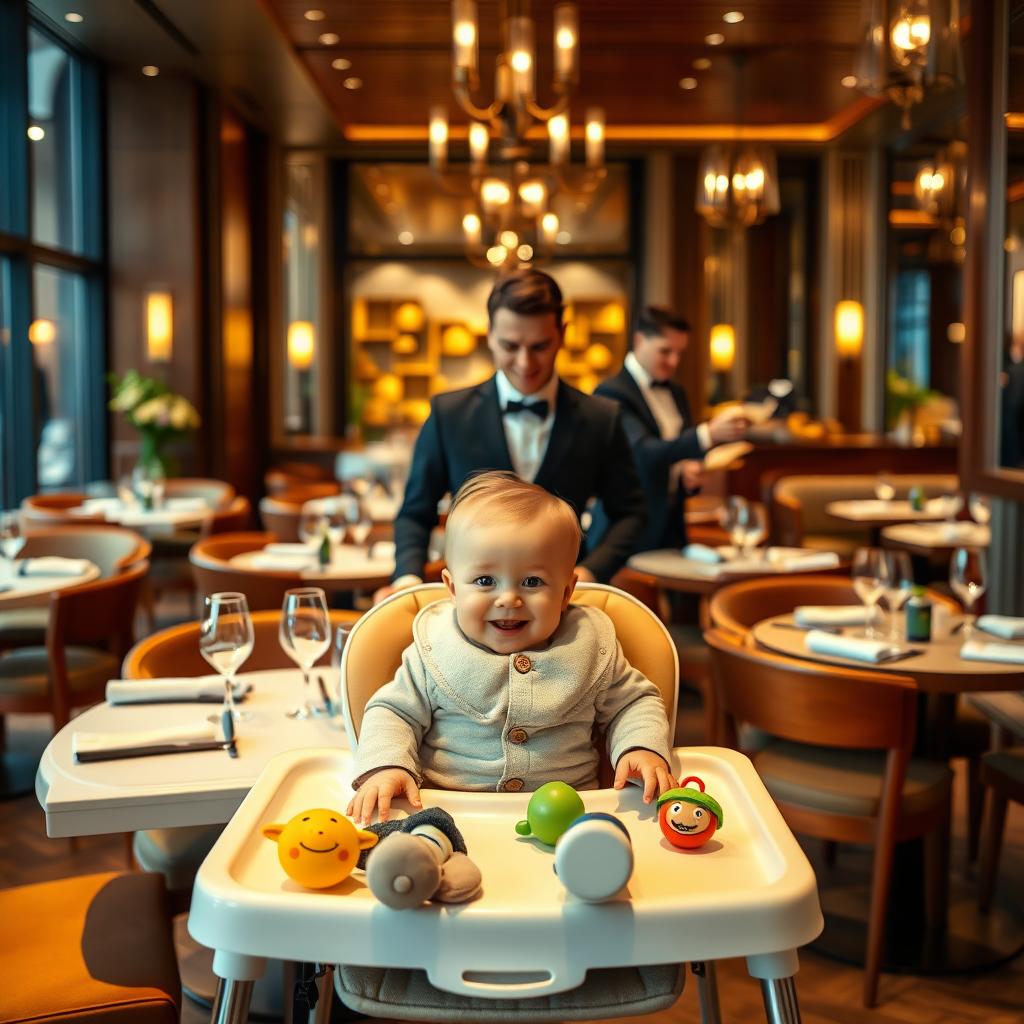 An elegant, modern foreign restaurant interior, featuring a stylish, upscale ambiance with rich wooden furniture, soft glowing lights, and beautifully set tables