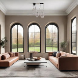 Modern living room with two large arch windows on the side, a grand glass sliding door behind a plush couch. A stylish coffee table is in front and a long elegant table is nestled near the window