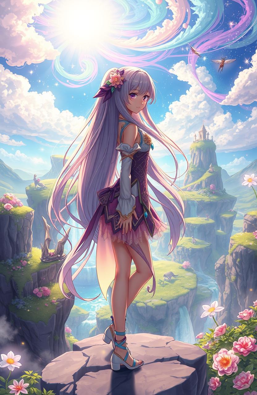 A captivating anime girl in a fantastical world, featuring lush, vibrant landscapes with magical creatures and swirling colors
