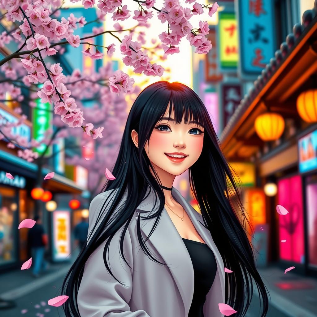 A beautiful Asian girl with long flowing black hair, wearing a stylish modern outfit, standing in a vibrant city street filled with colorful lights and lively atmosphere