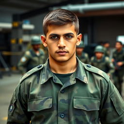 A young Brazilian military soldier, showcasing a strong and determined expression