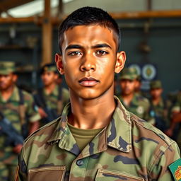 A young Brazilian military soldier, showcasing a strong and determined expression