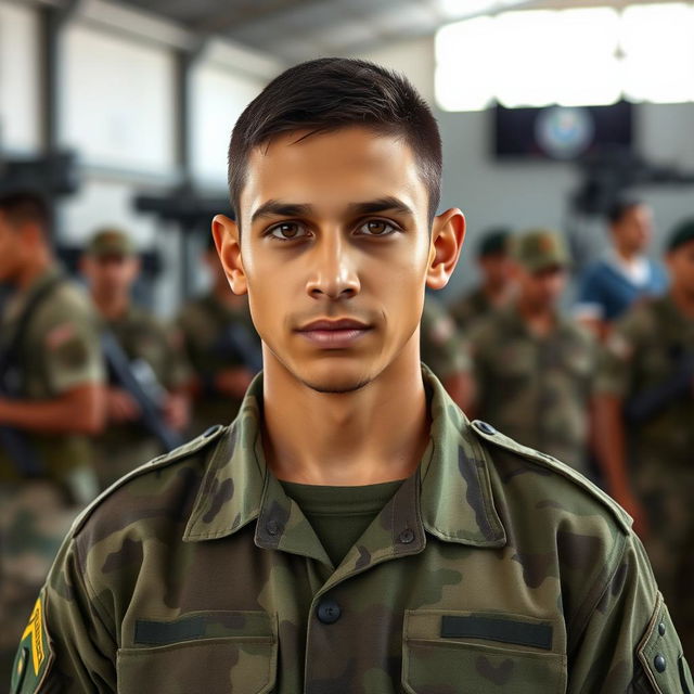 A young Brazilian military soldier, showcasing a strong and determined expression