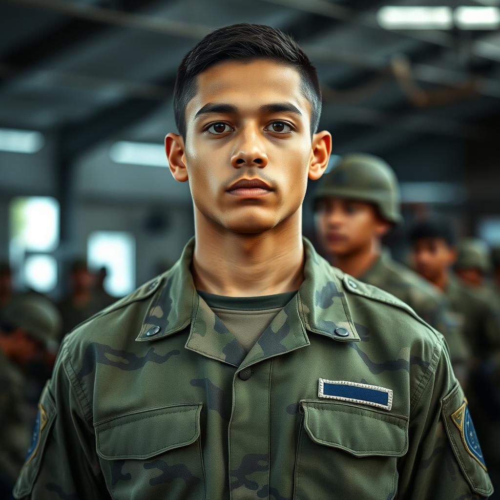 A young Brazilian military soldier, showcasing a strong and determined expression