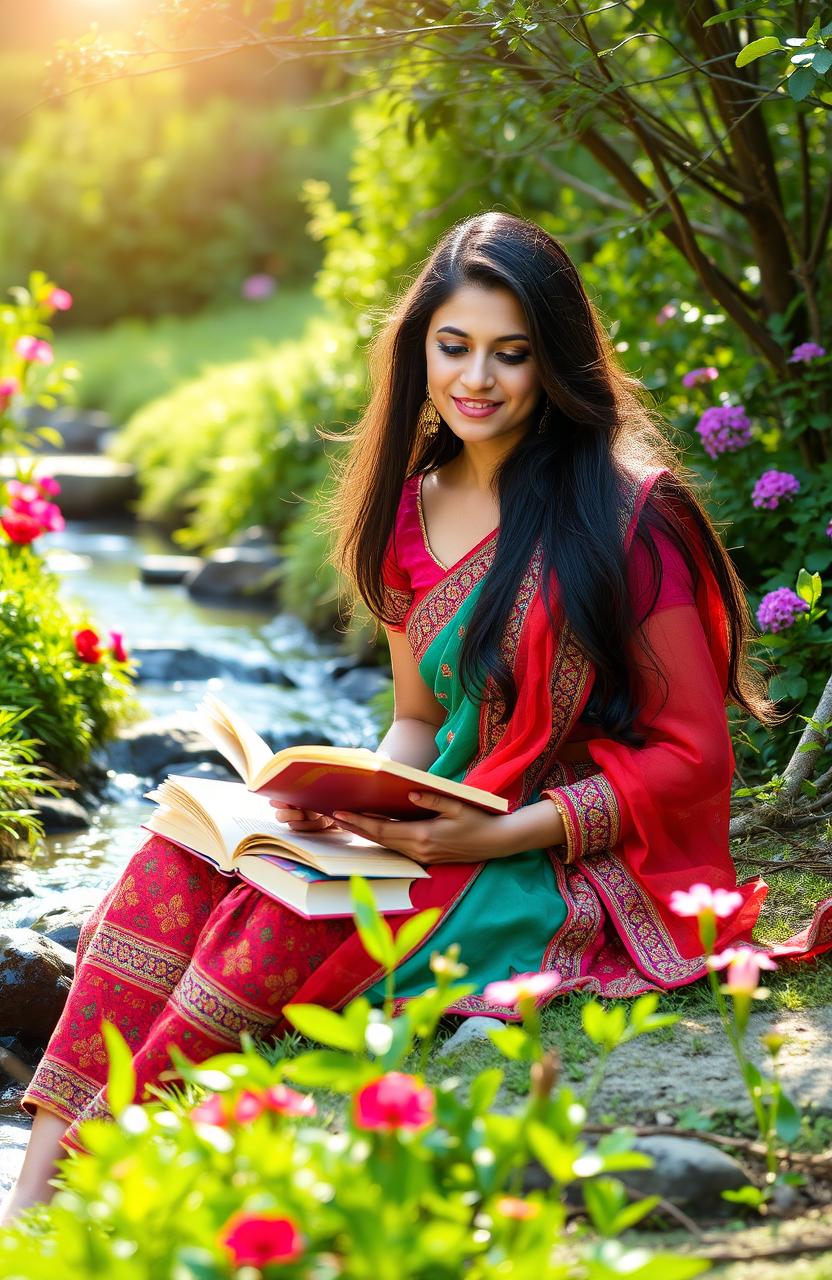 A beautiful Indian lady sitting gracefully in a serene natural setting, surrounded by lush greenery, vibrant flowers, and a gently flowing stream
