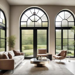 Modern living room with two large arch windows on the side, a grand glass sliding door behind a plush couch. A stylish coffee table is in front and a long elegant table is nestled near the window