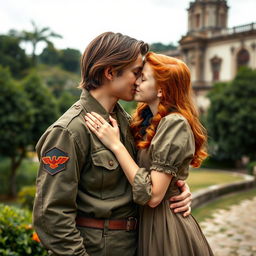 A tall and strong young Brazilian military soldier with medium-length brown hair, gently kissing a vibrant young redhead girl in a romantic embrace