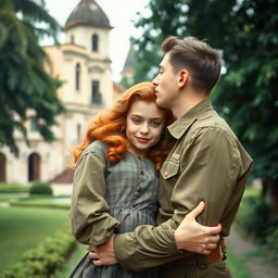 A tall and strong young Brazilian military soldier with medium-length brown hair, gently kissing a vibrant young redhead girl in a romantic embrace