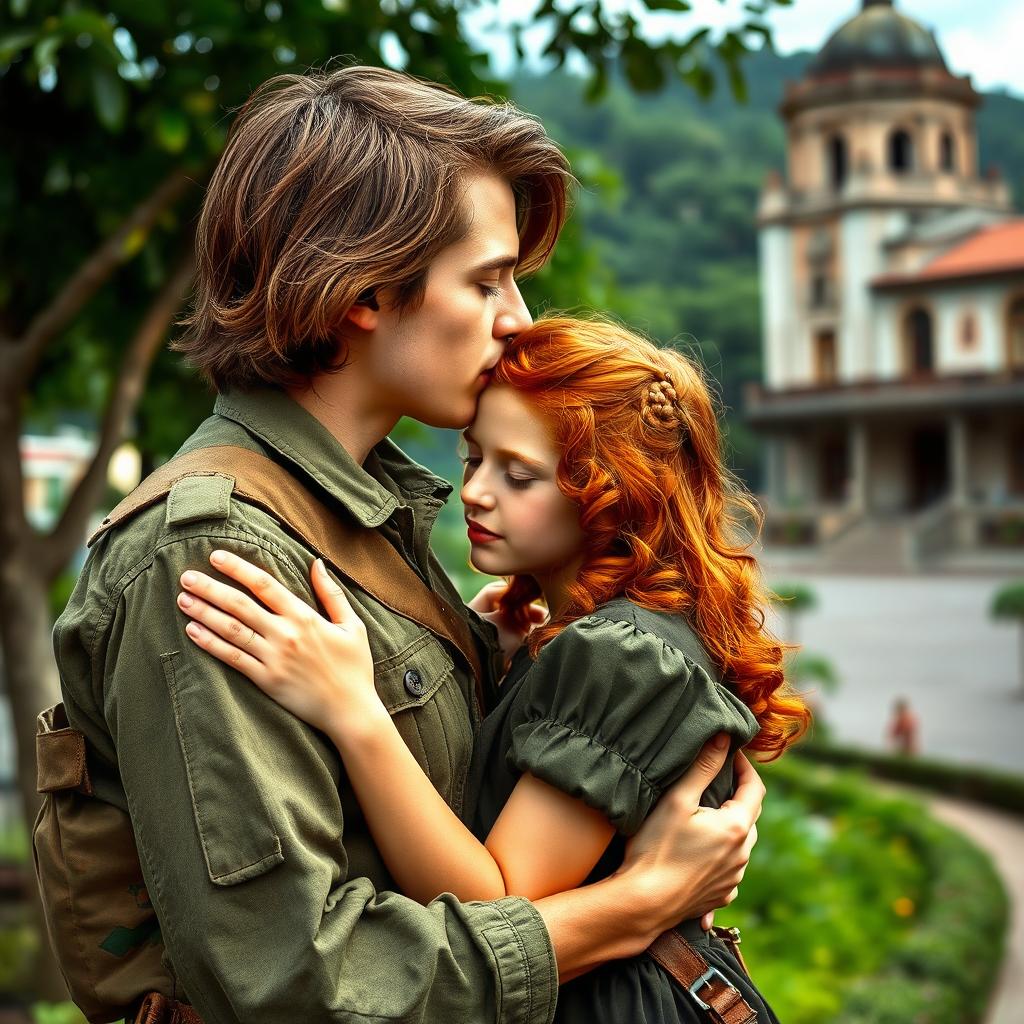 A tall and strong young Brazilian military soldier with medium-length brown hair, gently kissing a vibrant young redhead girl in a romantic embrace