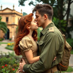 A tall and strong young Brazilian military soldier with medium-length brown hair, gently kissing a vibrant young redhead girl in a romantic embrace