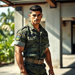 A tall young Brazilian military man, showcasing a strong and athletic build