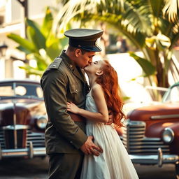 A tall, strong young Brazilian military man, dressed in a 1940s era military uniform, passionately kissing a young girl with vibrant red hair who is wearing a flowing white dress