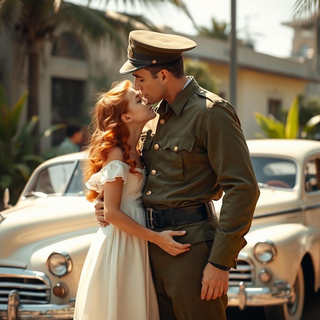 A tall, strong young Brazilian military man, dressed in a 1940s era military uniform, passionately kissing a young girl with vibrant red hair who is wearing a flowing white dress