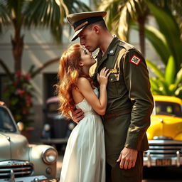 A tall, strong young Brazilian military man, dressed in a 1940s era military uniform, passionately kissing a young girl with vibrant red hair who is wearing a flowing white dress