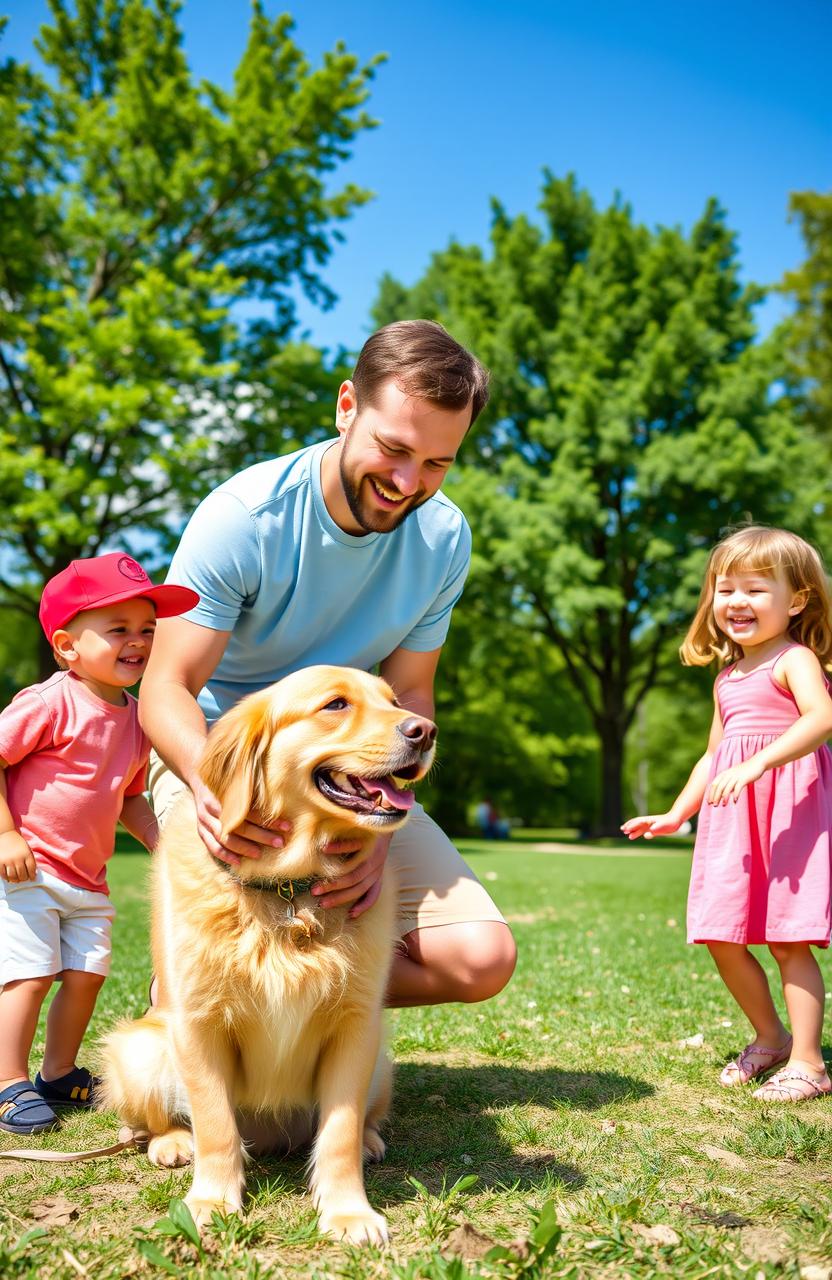 A joyful scene depicting a man interacting with two cheerful children and a playful dog in a sunny park