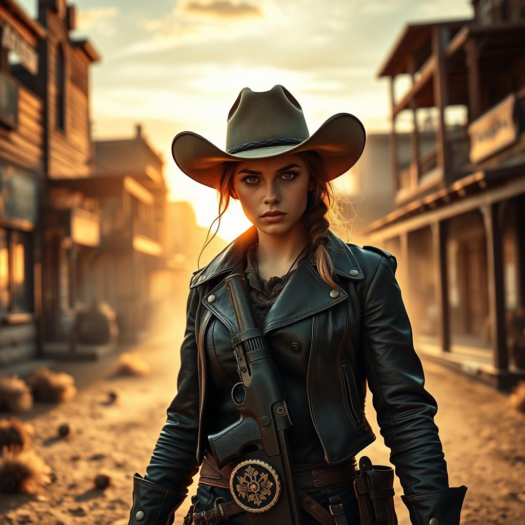 A fierce girl gunslinger from the 1800s, wearing a rugged leather jacket and cowboy hat, standing defiantly in a dusty Wild West town