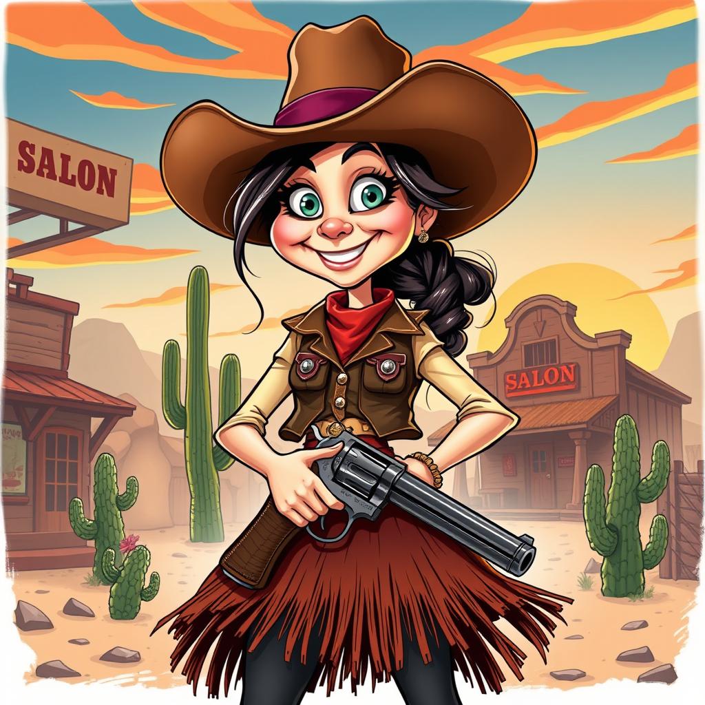 A whimsical caricature of an 1800s girl gunslinger, exaggerated features like large expressive eyes and a playful grin