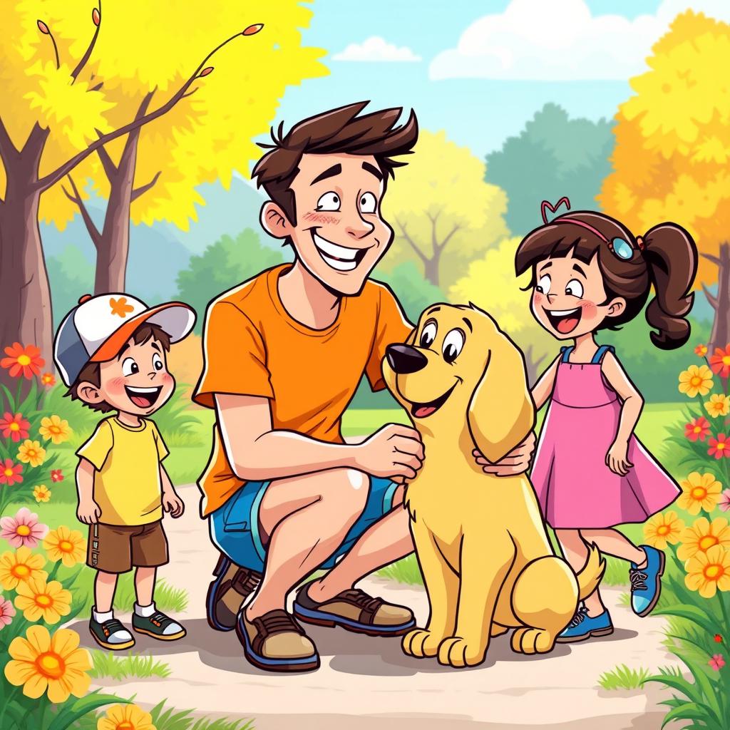 A colorful and playful cartoon scene featuring a cheerful man happily interacting with two kids and a cute cartoon-style dog