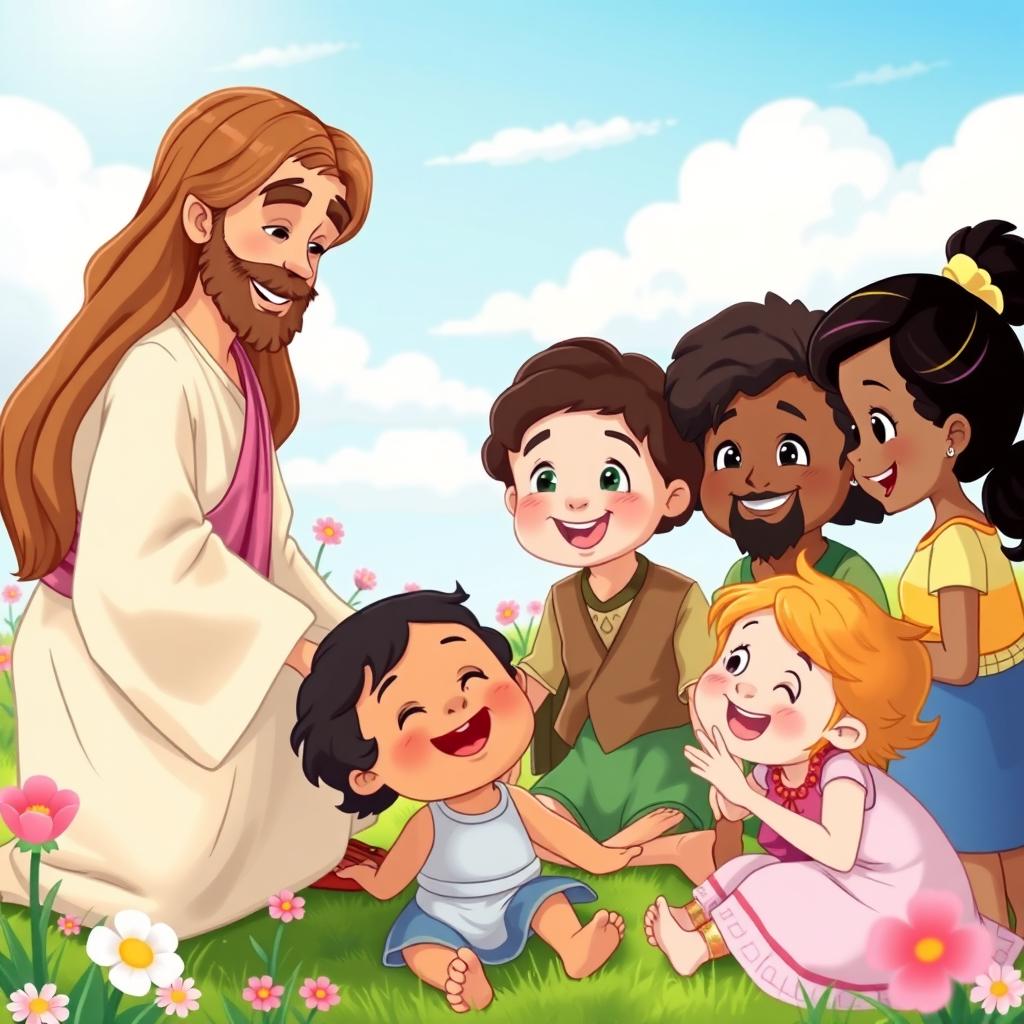 A vibrant and heartwarming cartoon scene depicting Jesus interacting with a group of happy children in a serene outdoor setting