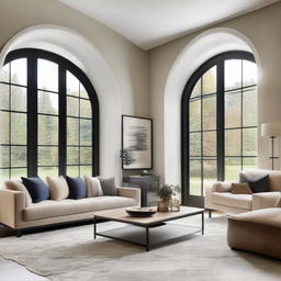 Modern living room with two large arch windows on the side, a grand glass sliding door behind a plush couch. A stylish coffee table is in front and a long elegant table is nestled near the window