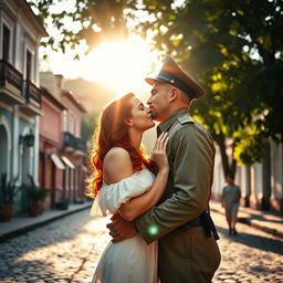 A tall, strong young Brazilian military man from the 1940s, dressed in a vintage military uniform, passionately kissing a young woman with vibrant red hair wearing a beautiful white dress