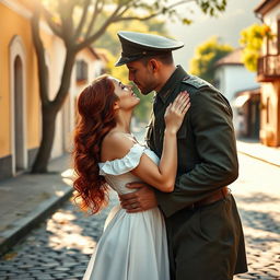 A tall, strong young Brazilian military man from the 1940s, dressed in a vintage military uniform, passionately kissing a young woman with vibrant red hair wearing a beautiful white dress
