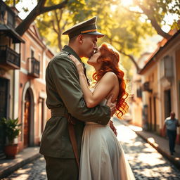 A tall, strong young Brazilian military man from the 1940s, dressed in a vintage military uniform, passionately kissing a young woman with vibrant red hair wearing a beautiful white dress