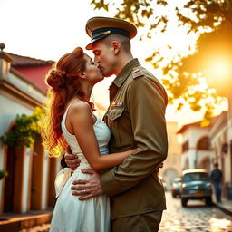 A tall, strong young Brazilian military man from the 1940s, dressed in a vintage military uniform, passionately kissing a young woman with vibrant red hair wearing a beautiful white dress