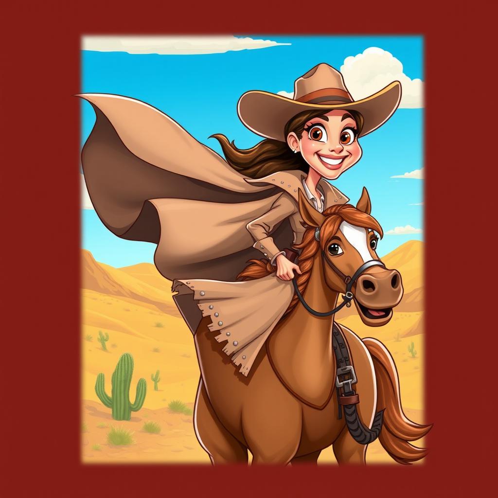 A lively caricature of an 1800s cowgirl wearing a duster coat that billows dramatically in the wind, showcasing her adventurous spirit