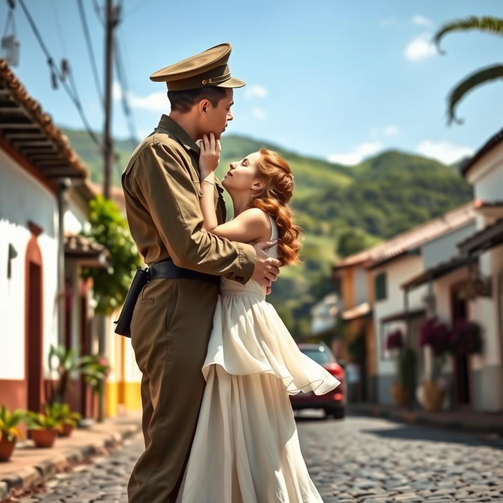 A tall Brazilian military young man passionately kissing a young redhead girl wearing a flowing white dress, set in the charming town of Paraty in Brazil during the 1940s