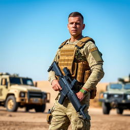 A soldier in full military gear standing confidently