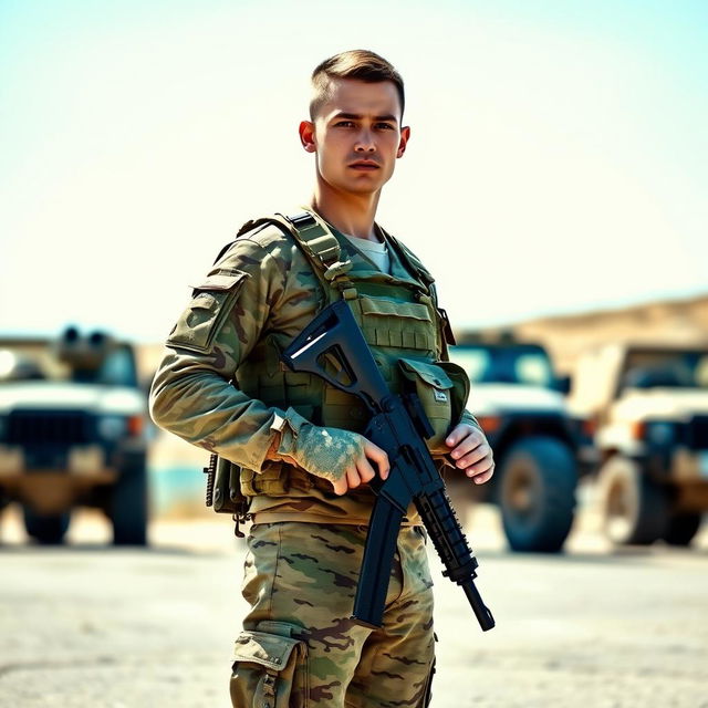 A soldier in full military gear standing confidently