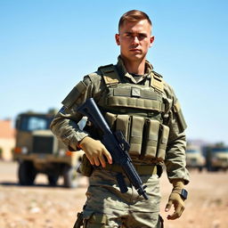 A soldier in full military gear standing confidently