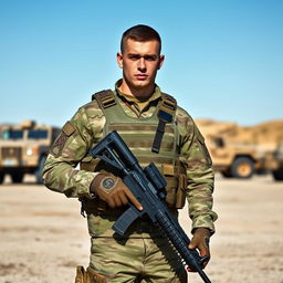 A soldier in full military gear standing confidently