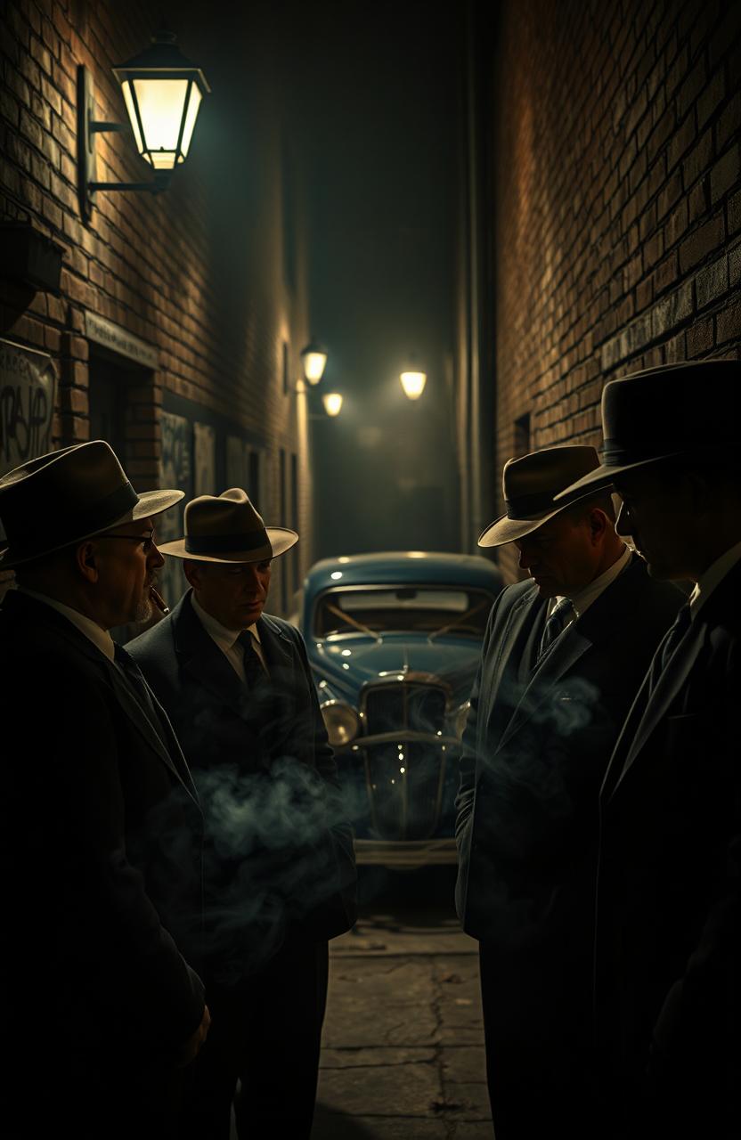 A gritty, dark alley scene depicting a classic 1920s mafia meeting