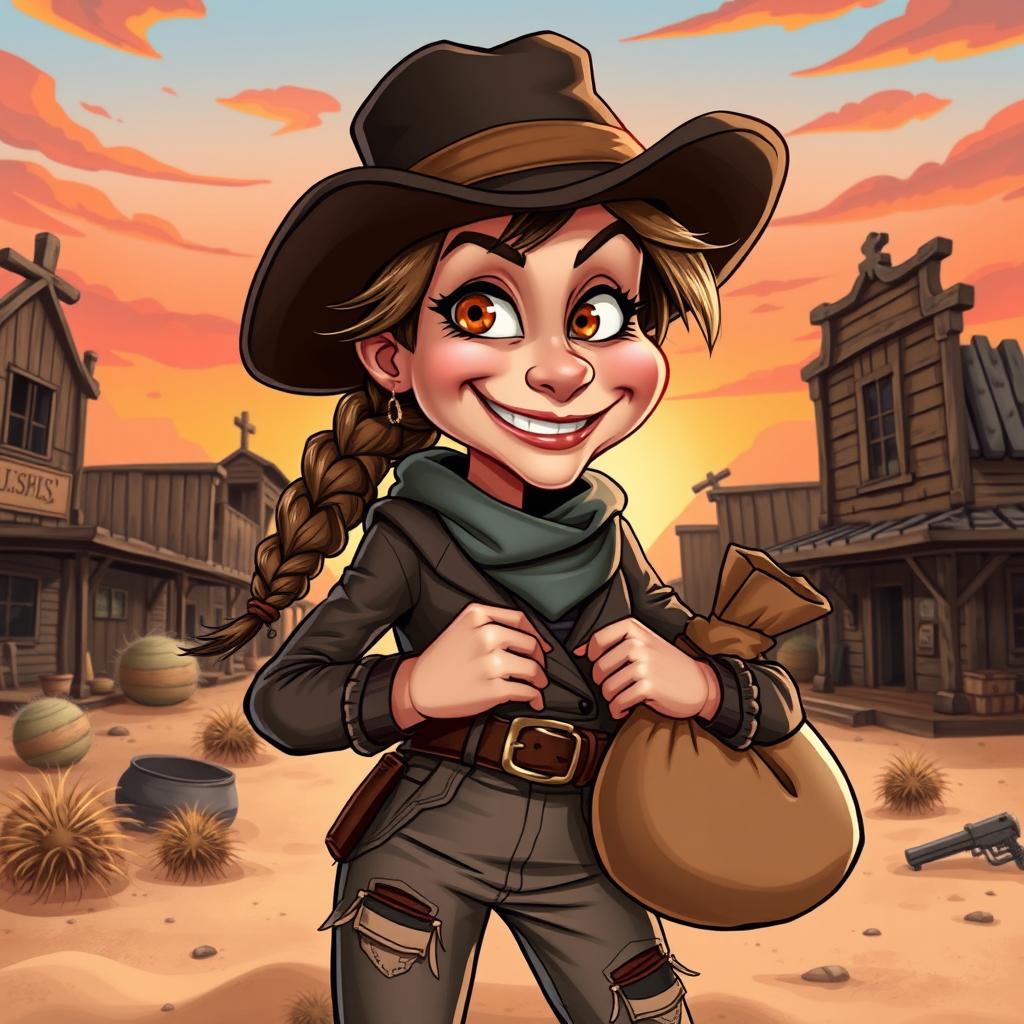 A playful caricature of an 1800s girl bandit, featuring exaggerated facial expressions and a mischievous smirk